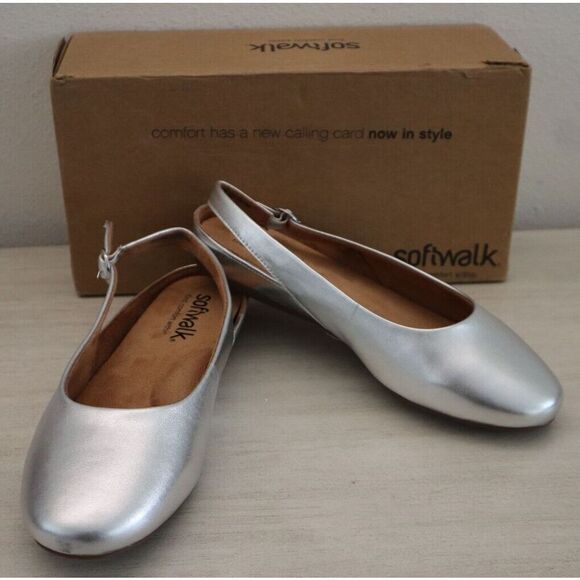SoftWalk S2119-040Women's Sz 9.5WW Silver Metallic Sandy Ankle Strap Flats - Picture 1 of 13
